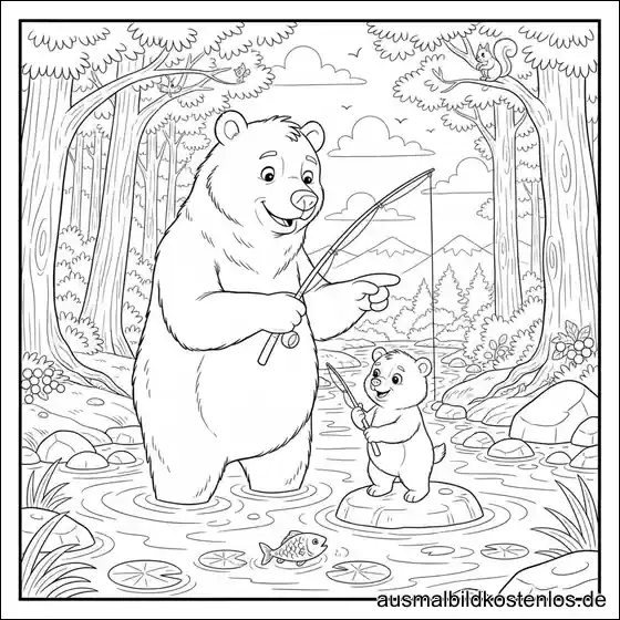 Babybär Papa Bär Angeln Ausmalbild Drucken