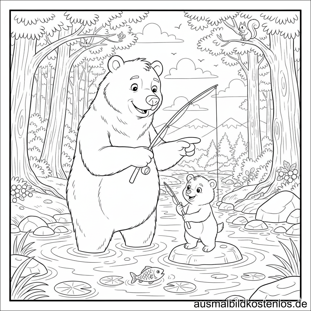 Babybär Papa Bär Angeln Ausmalbild Drucken