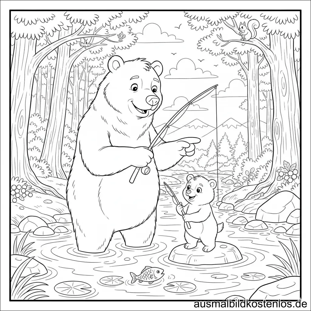 Babybär Papa Bär Angeln Ausmalbild Drucken