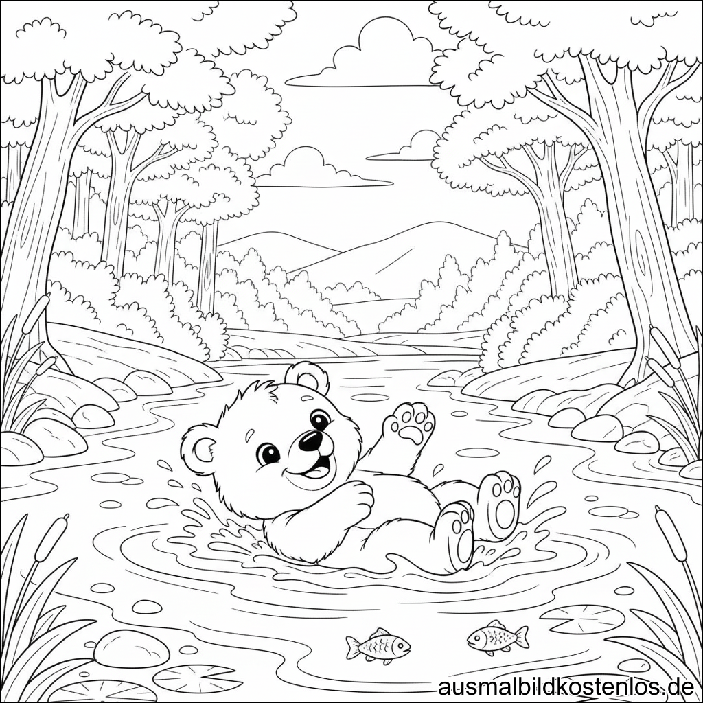 Bär Badet Wald Ausmalbild Kostenlos