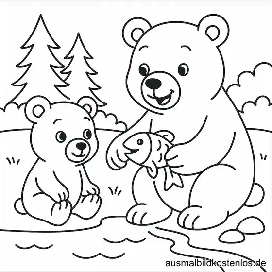 Malvorlage Bären fischen am See - Ausmalbild für Kinder