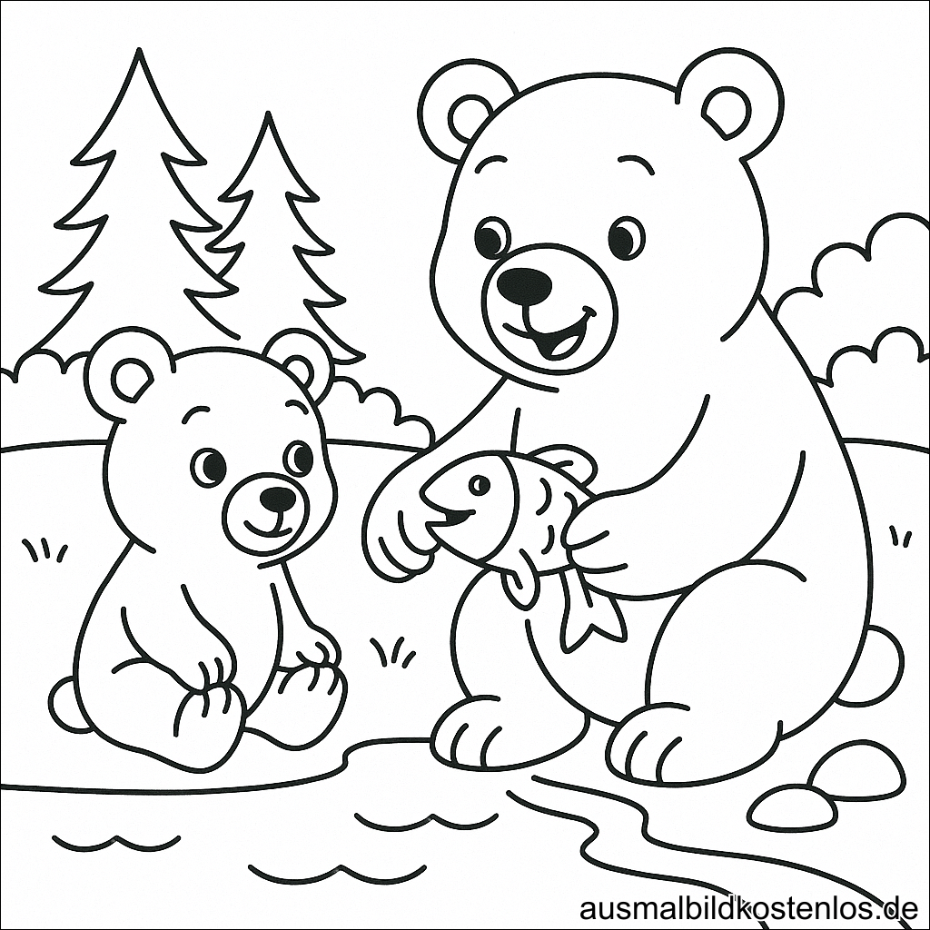 Malvorlage Bären fischen am See - Ausmalbild für Kinder