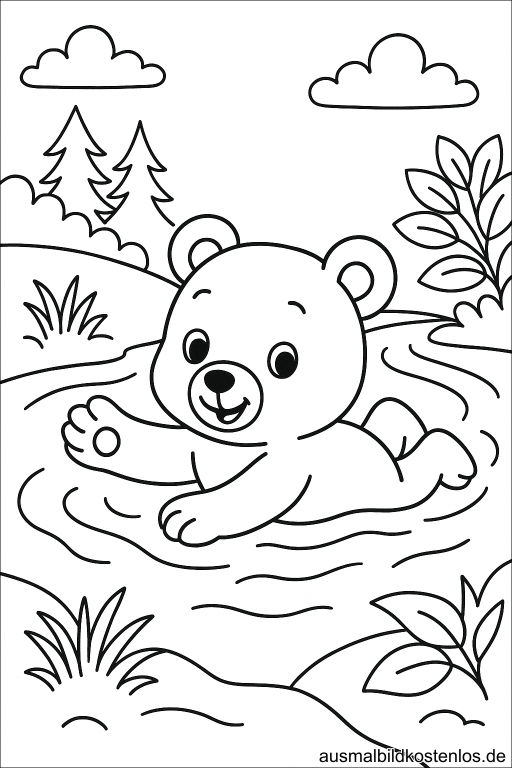 Bär Ausmalbild – Motiv Bär schwimmt im See kostenlos zum Herunterladen