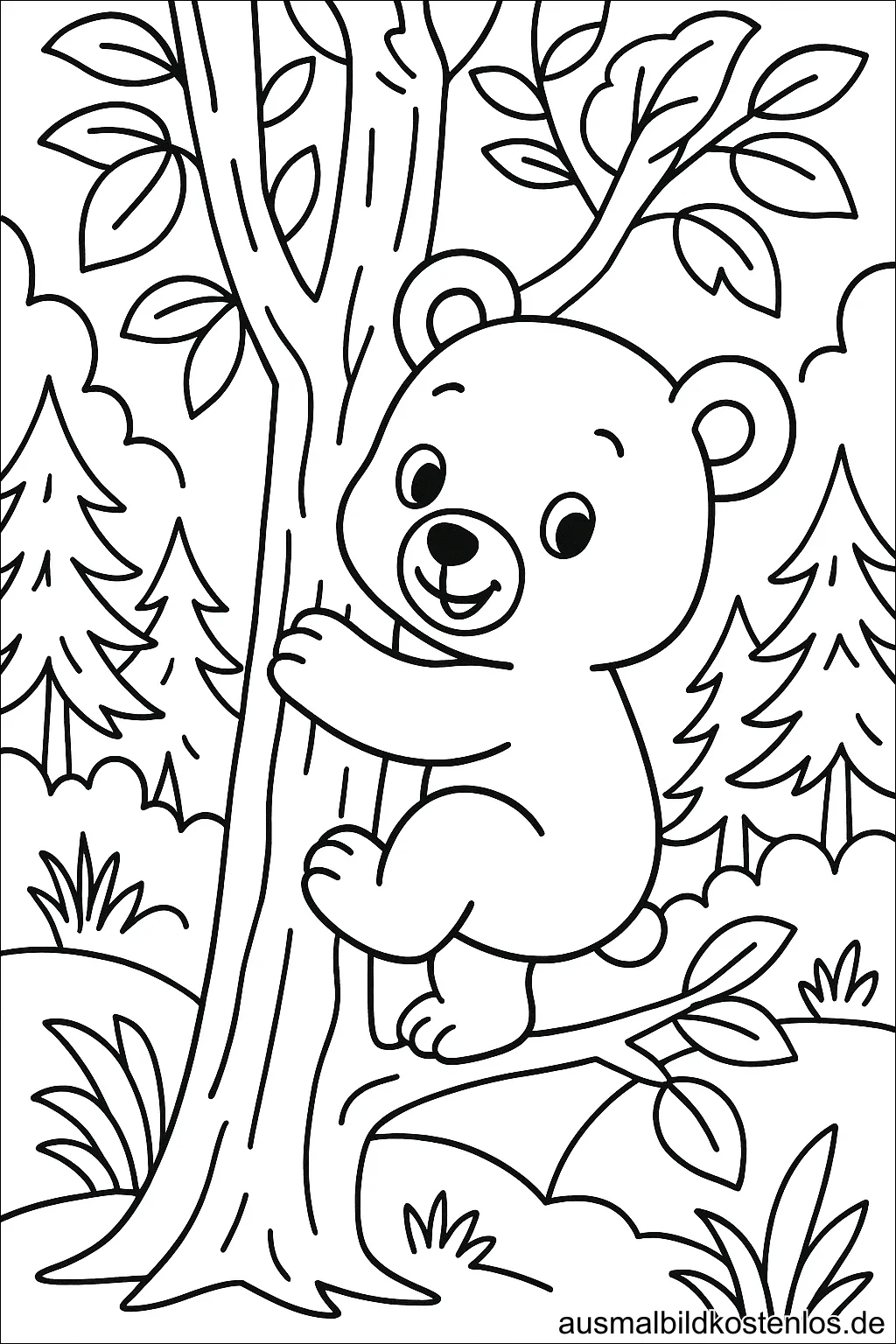 Bär klettert Baum hoch Ausmalbild für Kinder