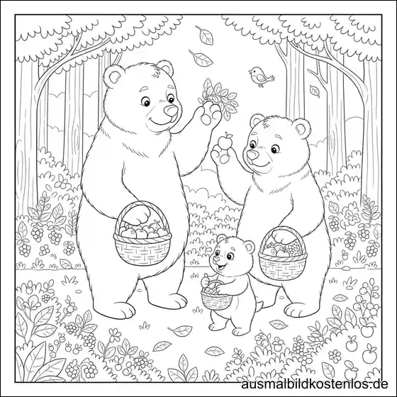 Bären Familie Sammelt Äpfel Malvorlage Drucken