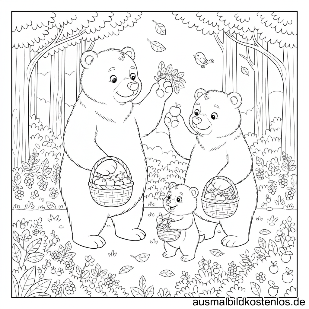 Bären Familie Sammelt Äpfel Malvorlage Drucken