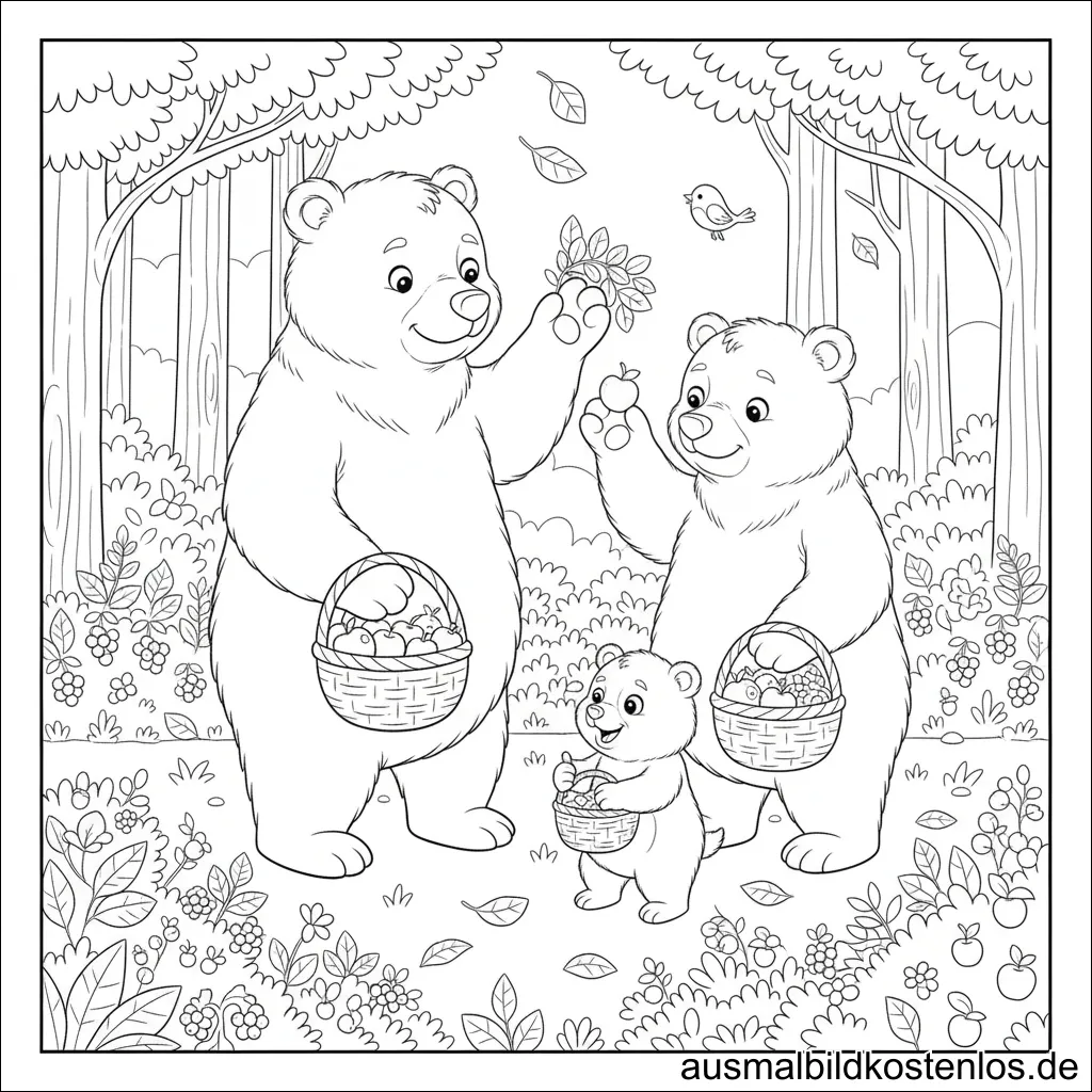 Bären Familie Sammelt Äpfel Malvorlage Drucken