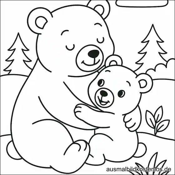 Ausmalbild Bär knuddelt mit Papa – Kita