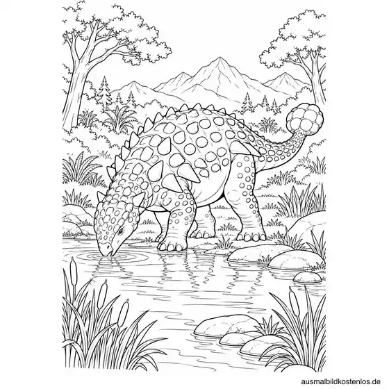 Ein Ankylosaurus trinkt an einem ruhigen Teich.