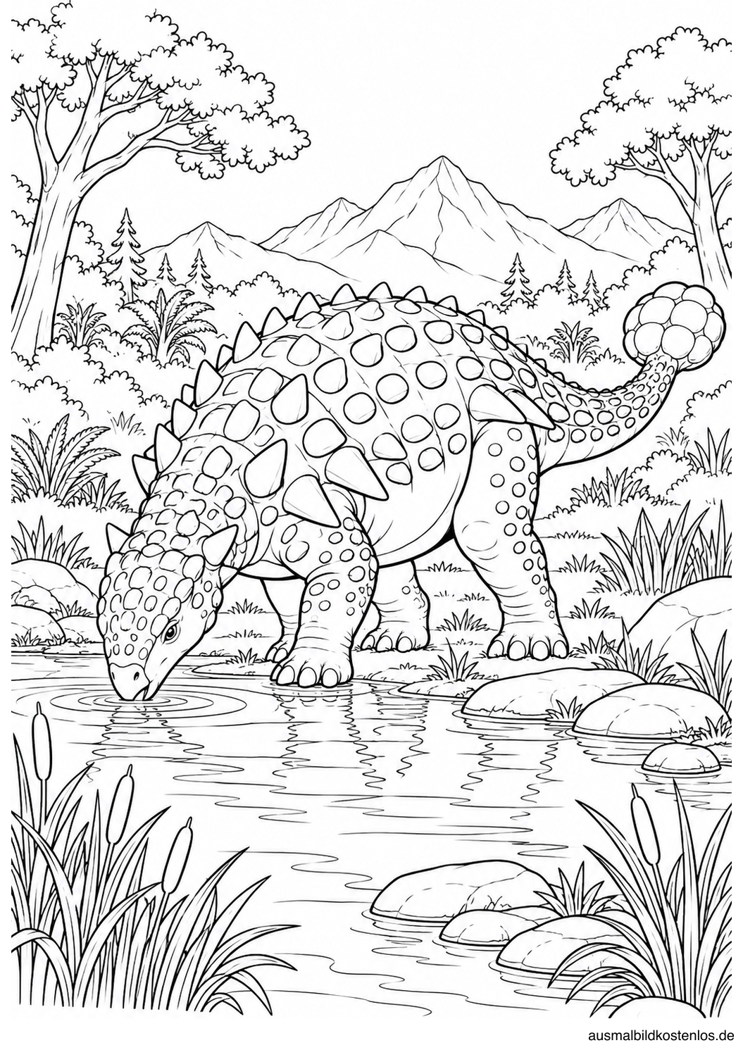 Ein Ankylosaurus trinkt an einem ruhigen Teich.