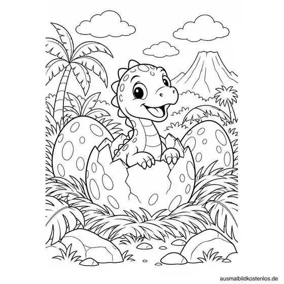 Ein niedlicher Baby-Dinosaurier schlüpft aus dem Ei.