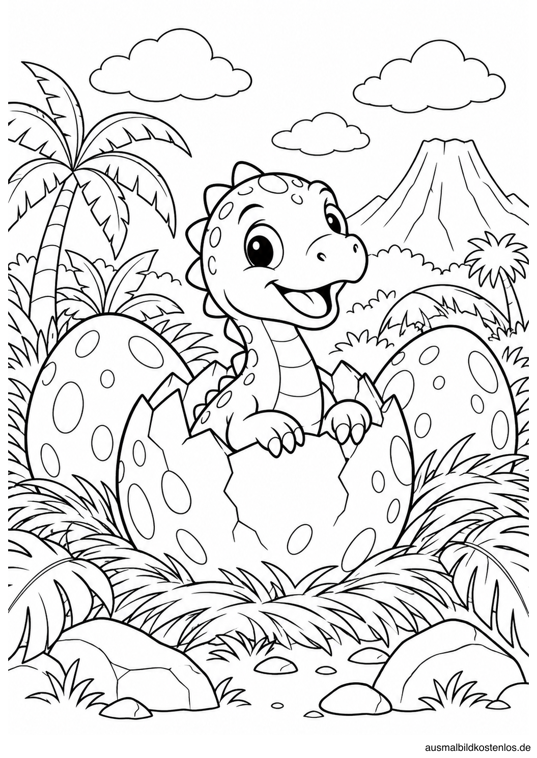 Ein niedlicher Baby-Dinosaurier schlüpft aus dem Ei.