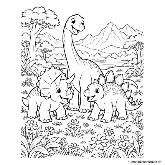 Drei freundliche Dinosaurier treffen sich auf einer blühenden Wiese.