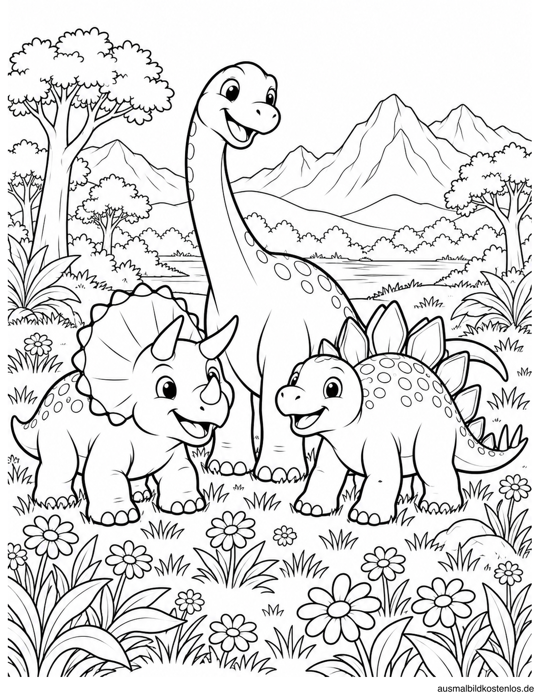 Drei freundliche Dinosaurier treffen sich auf einer blühenden Wiese.