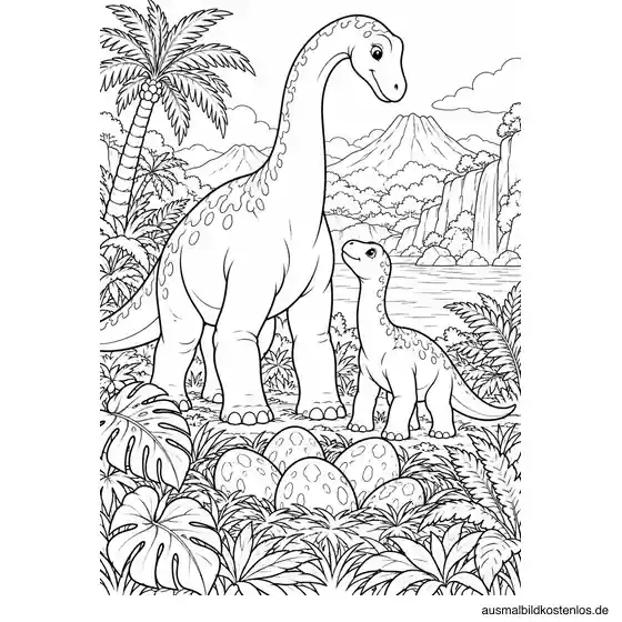 Eine liebevolle Dinosaurierfamilie steht neben einem Nest voller Eier.