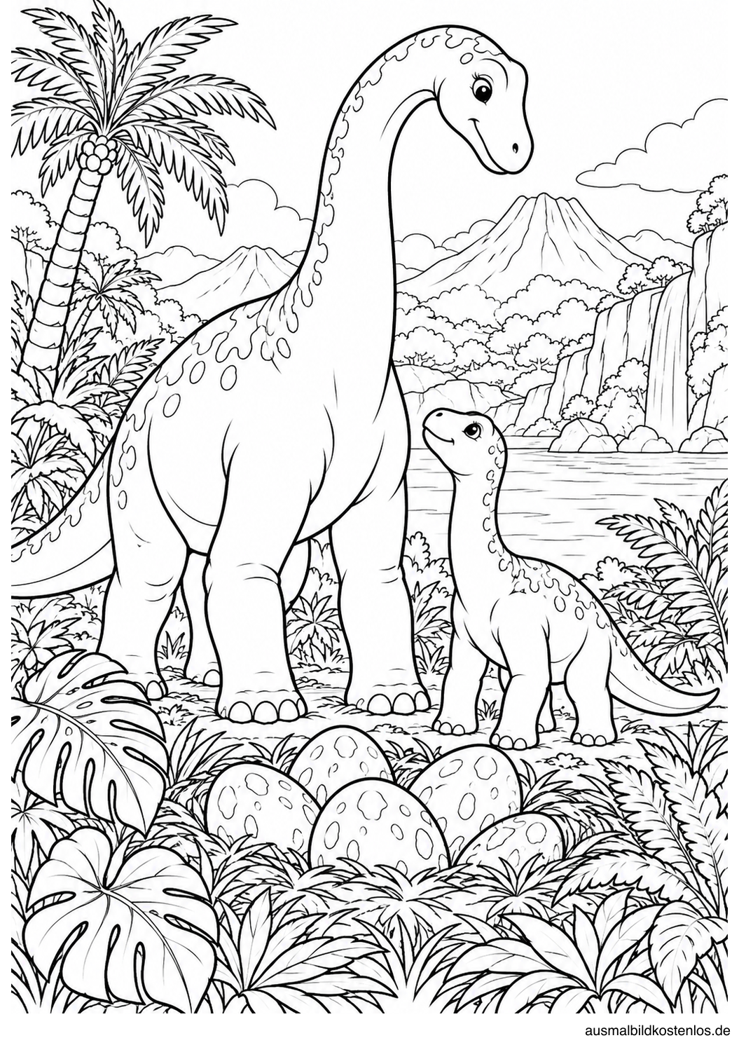 Eine liebevolle Dinosaurierfamilie steht neben einem Nest voller Eier.