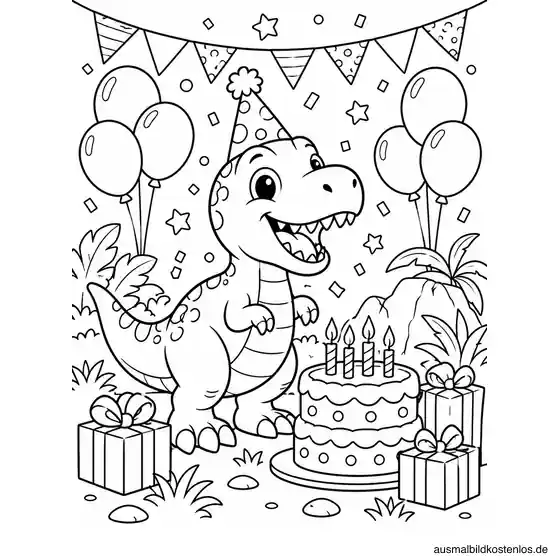 Ein fröhlicher kleiner Dinosaurier feiert Geburtstag mit Torte und Geschenken.