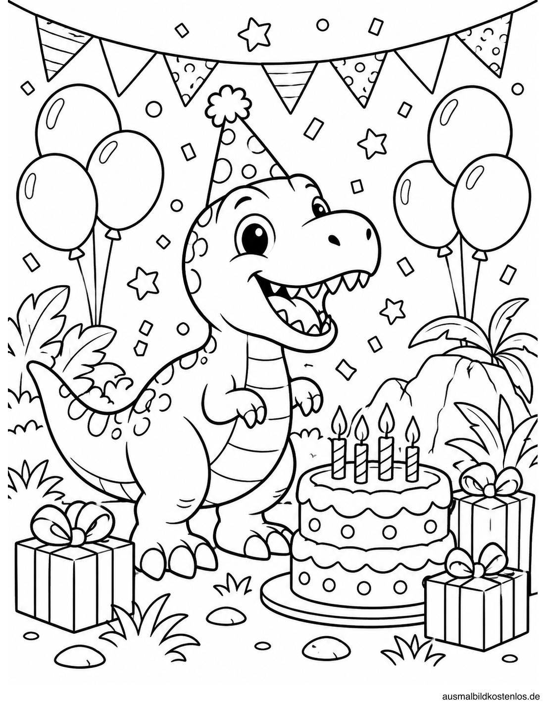 Ein fröhlicher kleiner Dinosaurier feiert Geburtstag mit Torte und Geschenken.