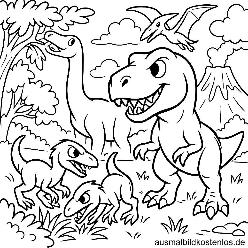 Dinosaurier Ausmalbild mit T-Rex, Raptor und Brachiosaurus