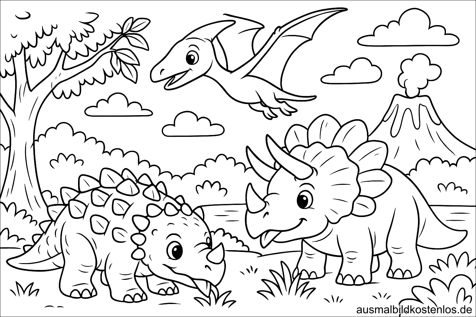 Flugsaurier und Triceratops Dinosaurier Ausmalbild