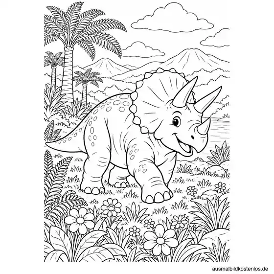 Ein freundlicher Triceratops läuft durch eine blühende Wiese.