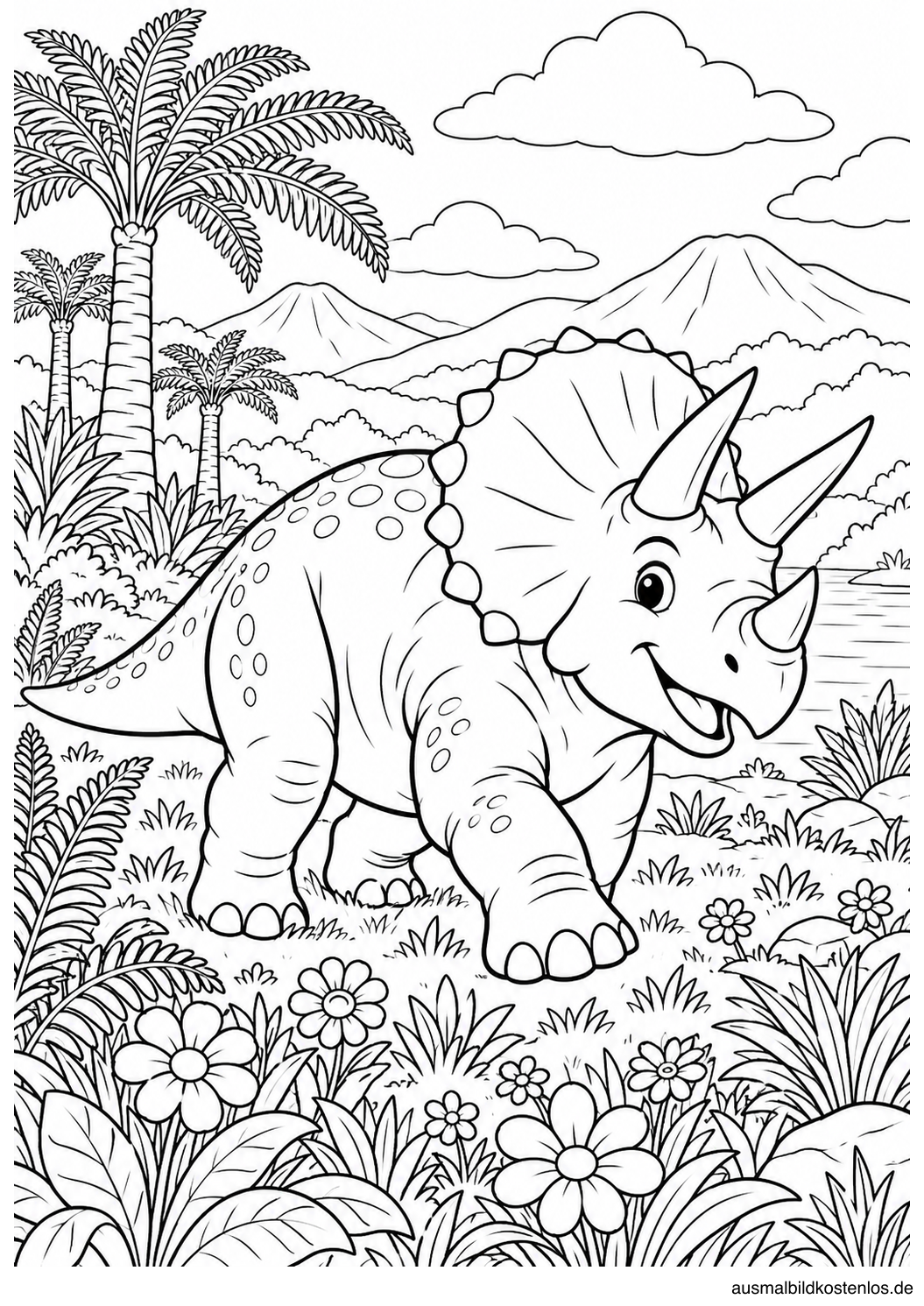Ein freundlicher Triceratops läuft durch eine blühende Wiese.