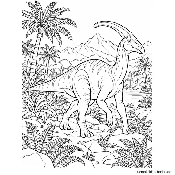 Ein Parasaurolophus läuft durch Farne und eine urzeitliche Landschaft.