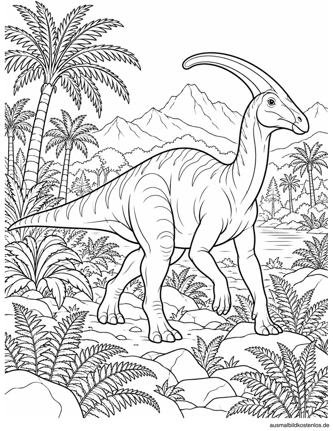 Ein Parasaurolophus läuft durch Farne und eine urzeitliche Landschaft.