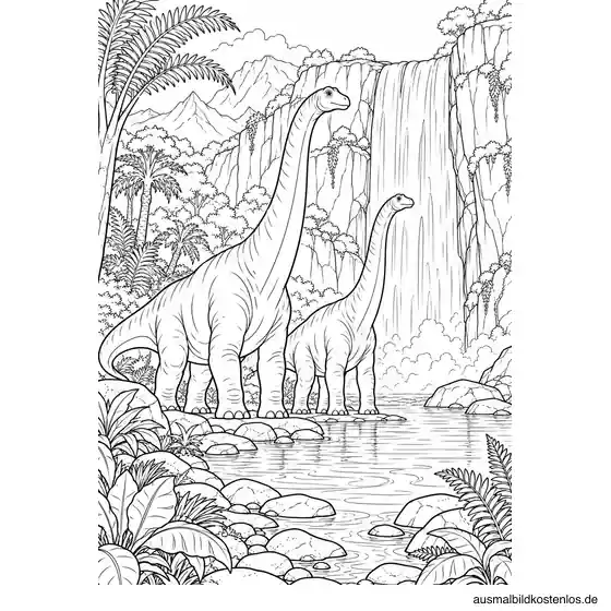 Zwei Sauropoden stehen vor einem hohen Wasserfall.
