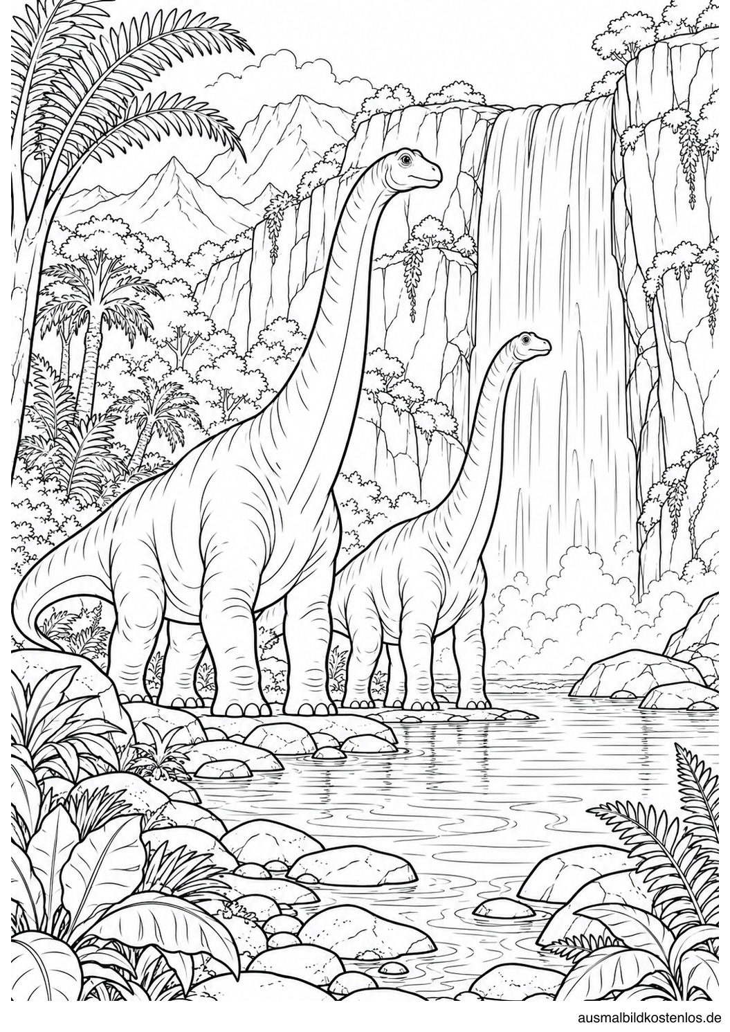 Zwei Sauropoden stehen vor einem hohen Wasserfall.