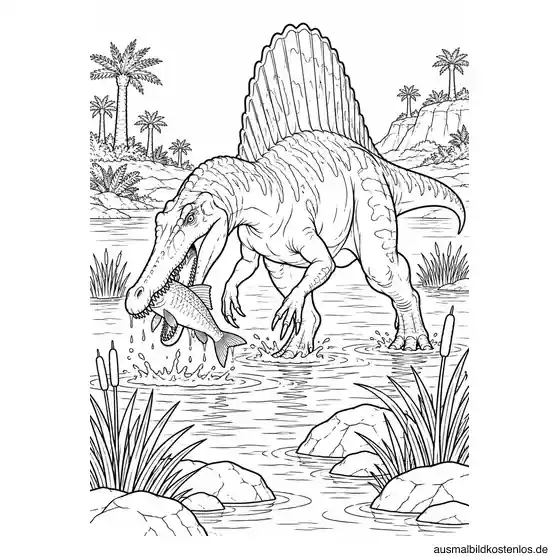 Ein Spinosaurus fängt im Wasser einen Fisch.
