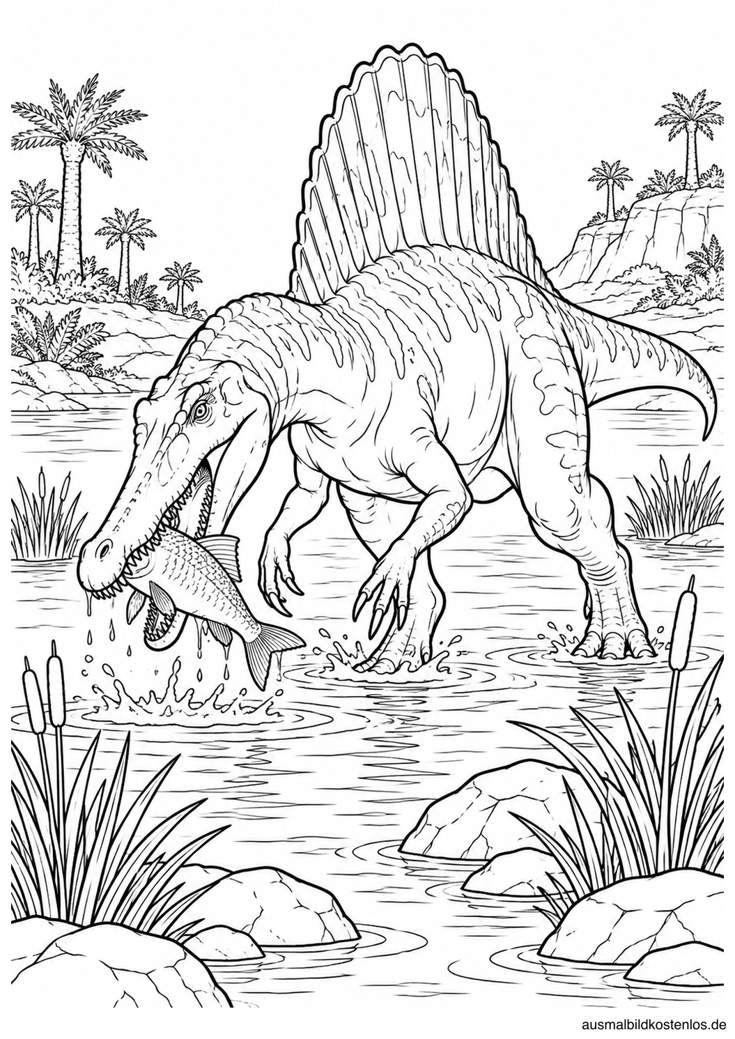 Ein Spinosaurus fängt im Wasser einen Fisch.