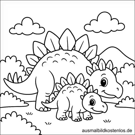 Ausmalbild Stegosaurus Kind mit Mama