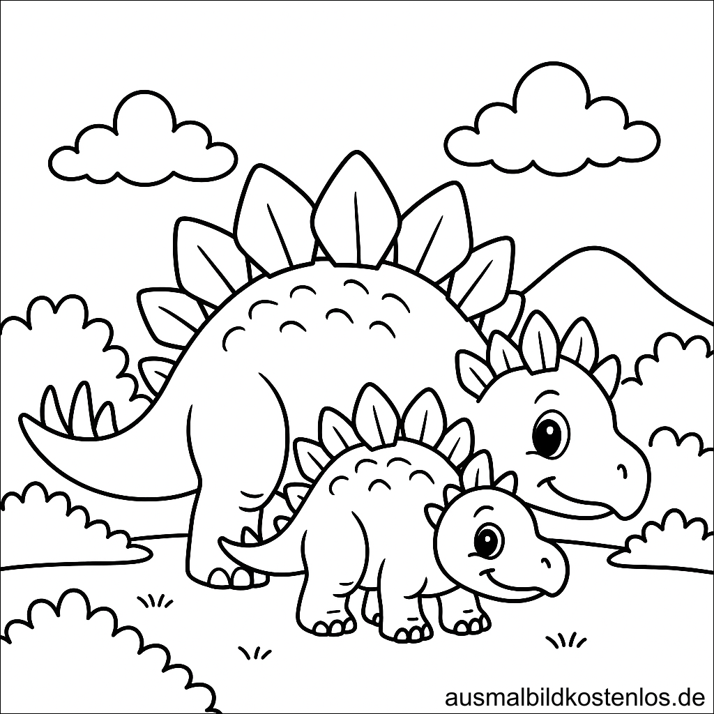 Ausmalbild Stegosaurus Kind mit Mama