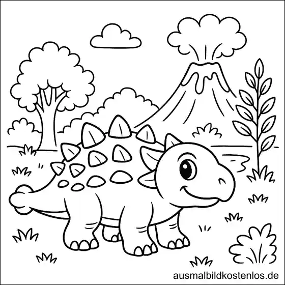 Stegosaurus Malvorlage mit ausbrechendem Vulkan zum Ausmalen