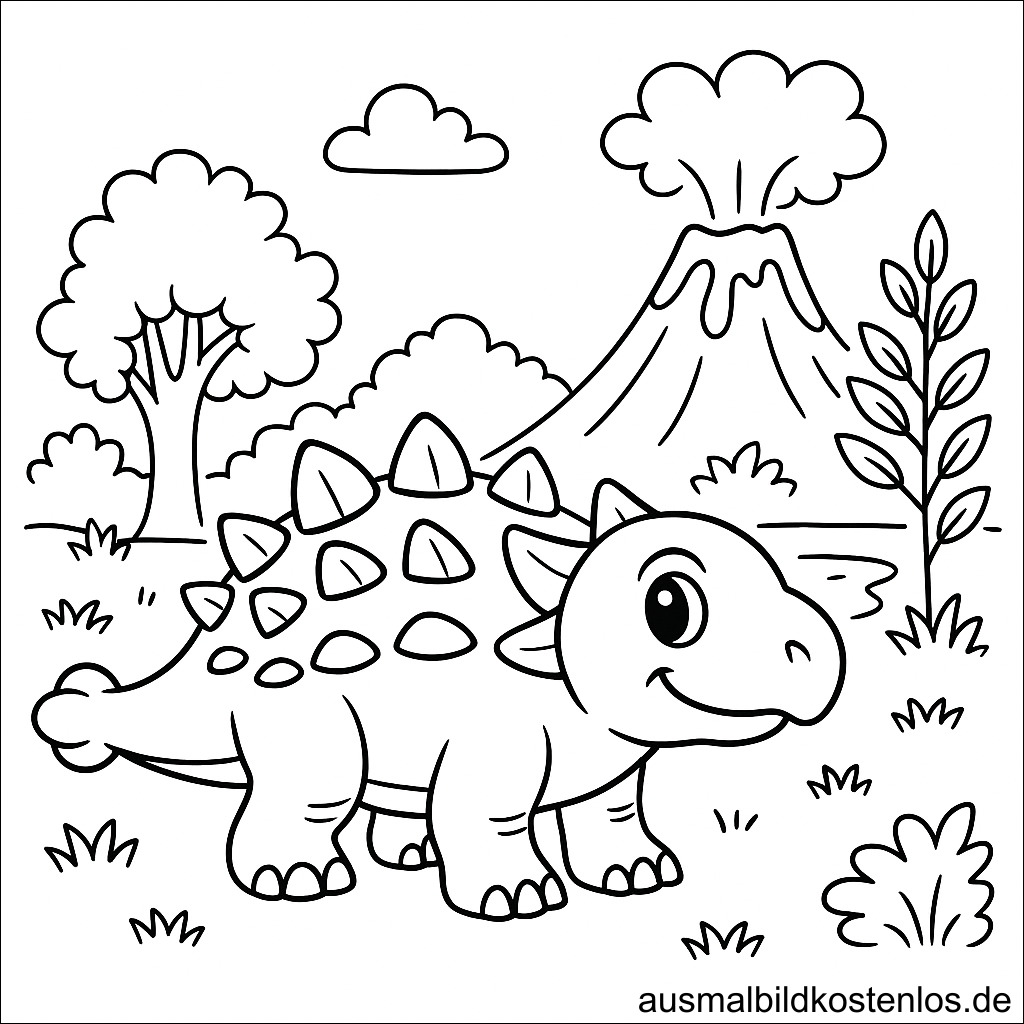Stegosaurus Malvorlage mit ausbrechendem Vulkan zum Ausmalen