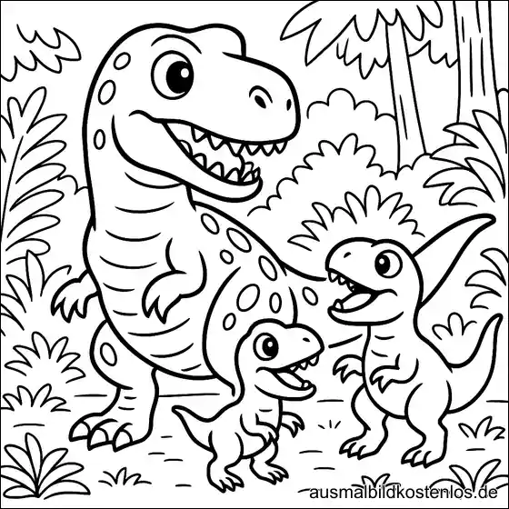 Dinosaurier Malvorlage - T-Rex im Dschungel – Süße T-Rex Familie