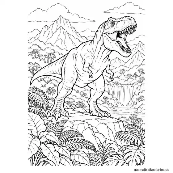 Ein großer T-Rex brüllt auf einem Felsen im Urzeitdschungel.