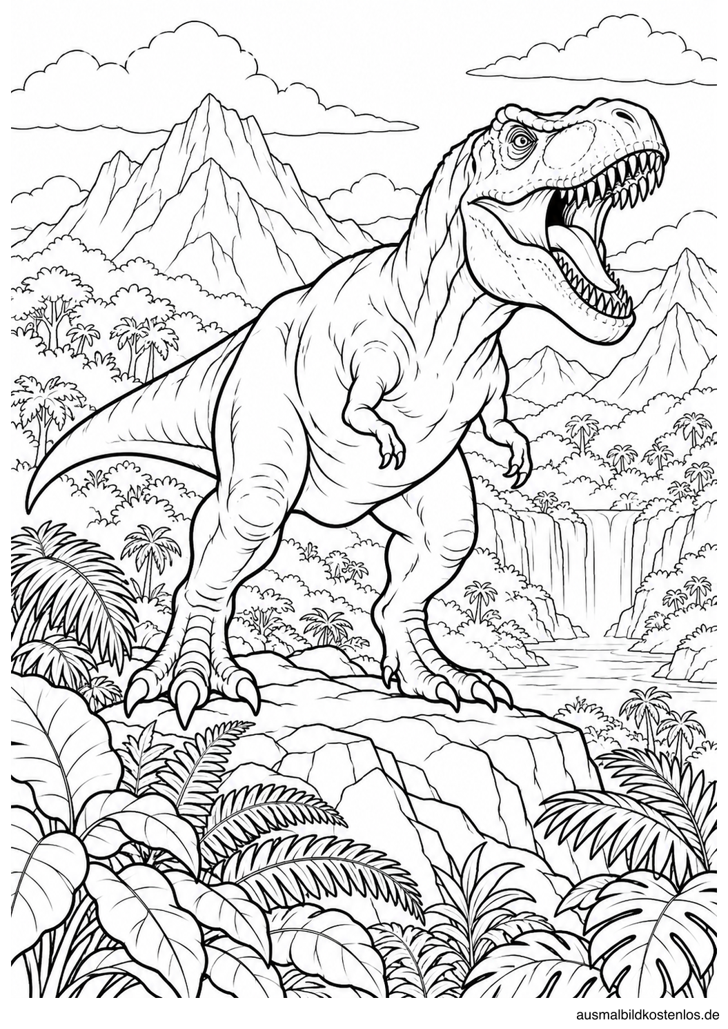 Ein großer T-Rex brüllt auf einem Felsen im Urzeitdschungel.