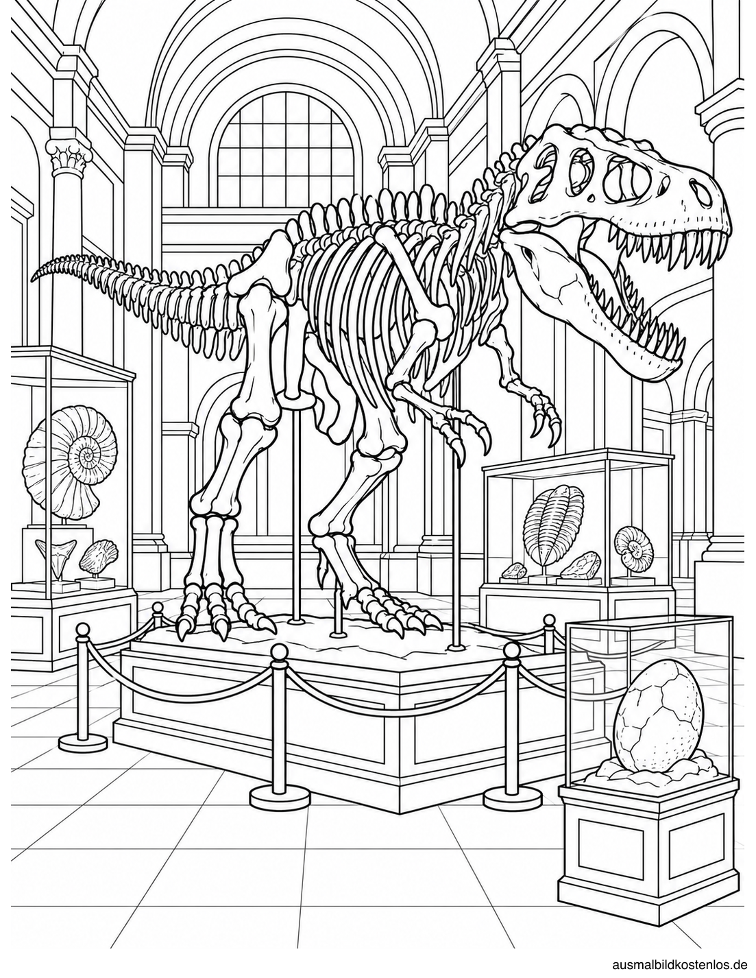 Ein großes T-Rex-Skelett steht in einer Museumshalle.