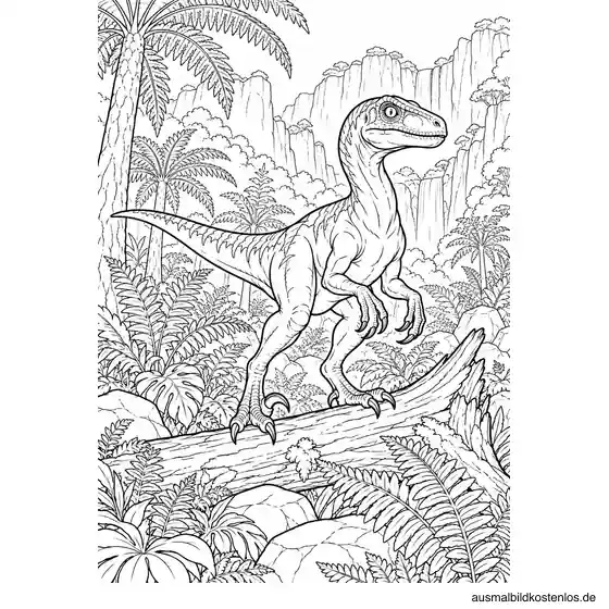 Ein Velociraptor steht wachsam auf einem Baumstamm im Farnwald.