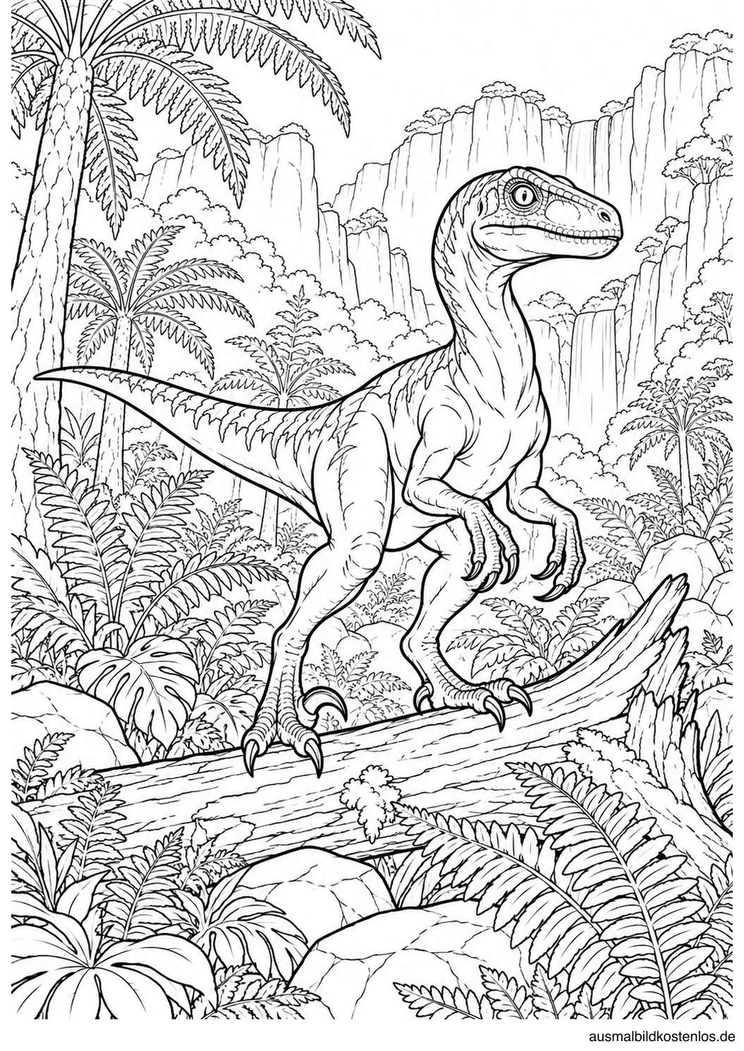 Ein Velociraptor steht wachsam auf einem Baumstamm im Farnwald.