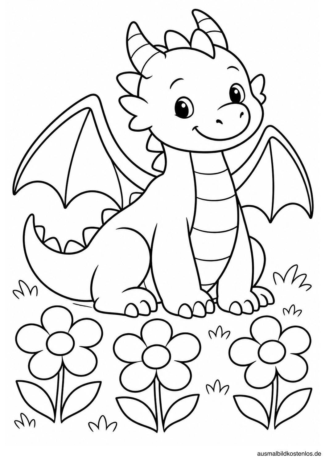 Ein lächelnder Drache sitzt neben drei großen Blumen auf einer Wiese.