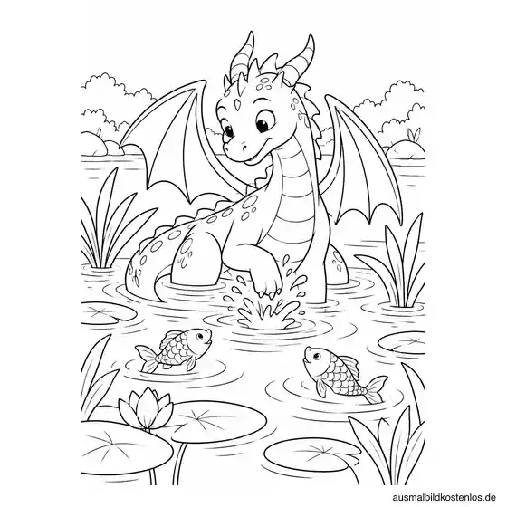 Ein Drache sitzt im See und spritzt mit einer Vorderpfote Wasser; zwei Fische schwimmen zwischen Wasserpflanzen.