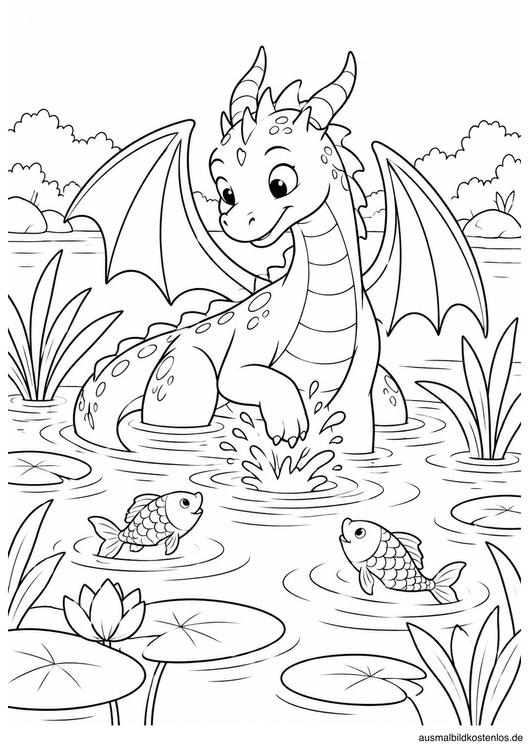 Ein Drache sitzt im See und spritzt mit einer Vorderpfote Wasser; zwei Fische schwimmen zwischen Wasserpflanzen.