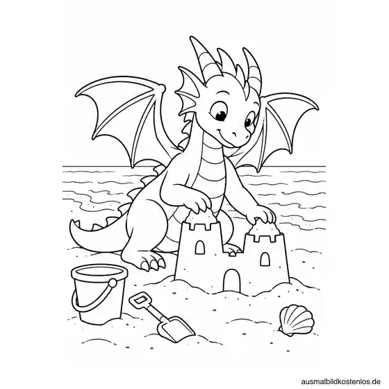 Ein Drache baut am Strand eine Sandburg mit zwei Türmen; Eimer, Schaufel und Muschel liegen daneben.