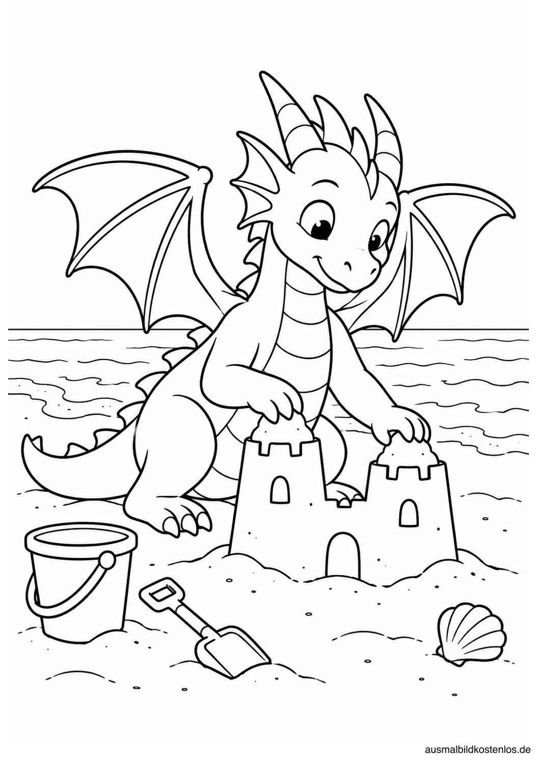 Ein Drache baut am Strand eine Sandburg mit zwei Türmen; Eimer, Schaufel und Muschel liegen daneben.