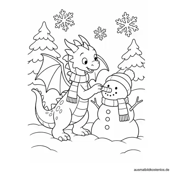 Ein Drache mit Schal setzt einem Schneemann eine Karottennase auf; zwei verschneite Bäume stehen daneben.
