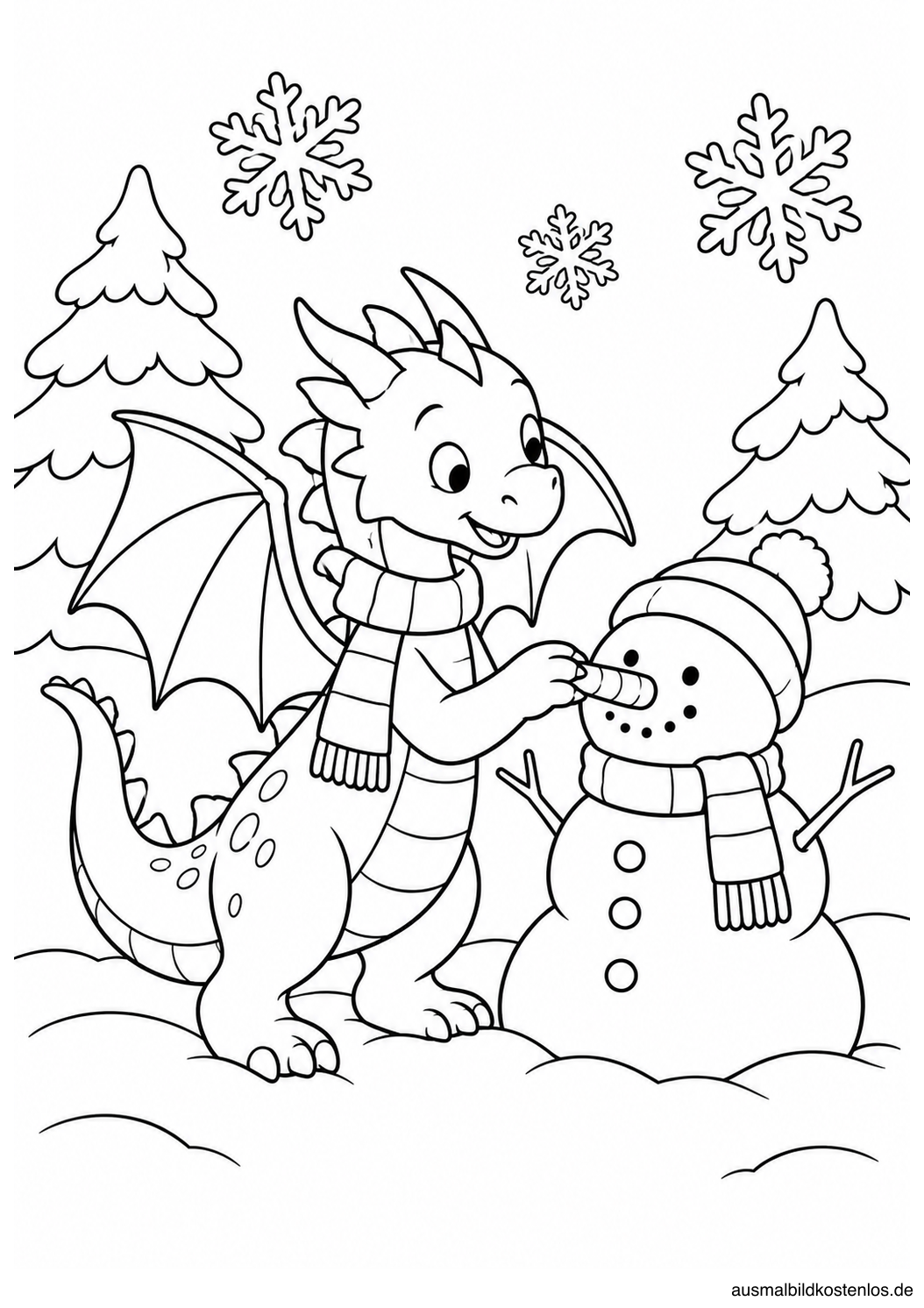 Ein Drache mit Schal setzt einem Schneemann eine Karottennase auf; zwei verschneite Bäume stehen daneben.