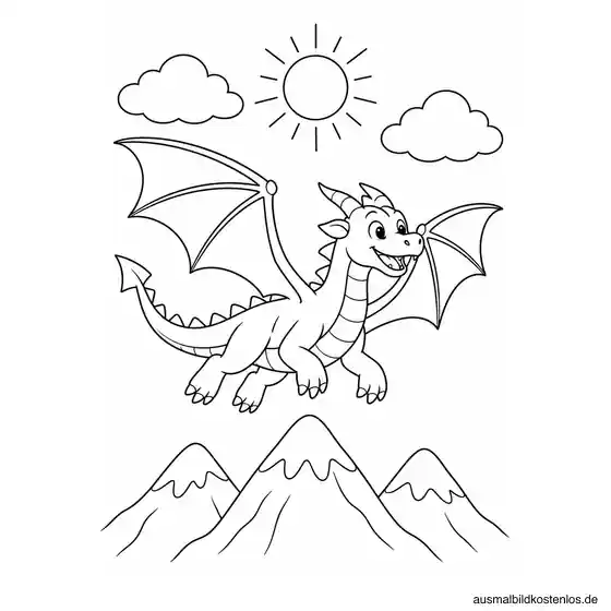 Ein junger Drache fliegt über drei Berggipfel; zwei Wolken und die Sonne begleiten ihn.